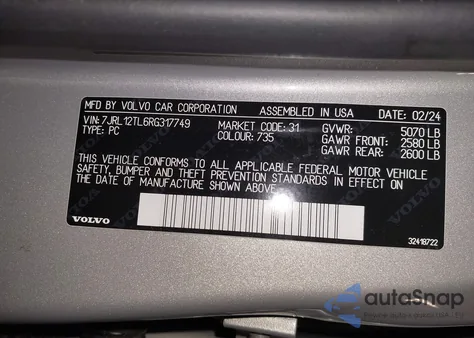2024 Volvo S60 B5 Plus Dark Theme z USA, uszkodzony, nr VIN 7JRL12TL6RG317749